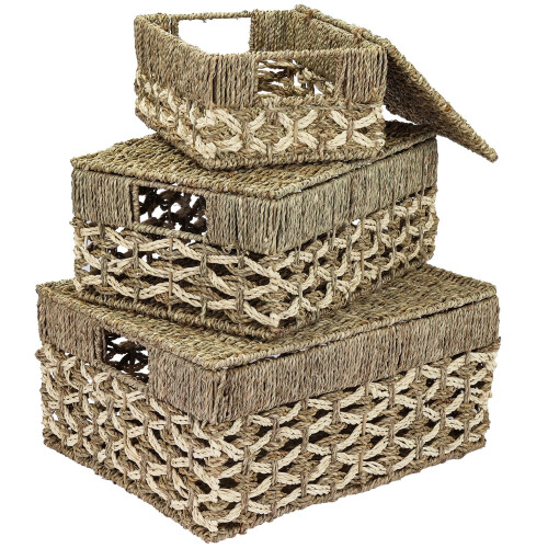 HMF Set of 3 Storage Baskets with Lid, Seagrass and Palm Leaf Wicker Baskets | Small, Medium, Large
