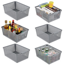Minekkyes Set of 6 Plastic Cupboard Basket, Large Rectangle Storage Baskets for Home Office Bathroom Shelves(Gray)