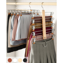 MORALVE Skirt Hangers Space Saving with Clips - 2 Pack - European Beechwood 5-Tier Hanger for Shorts, Skirts, and Trousers