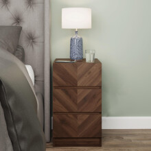 GFW Catania Pair of 3 Drawer Bedside Tables, Royal Walnut Bedside Cabinets with Herringbone Wood Grain Design, Modern Handle-Free Nightstands