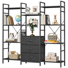 OYRREU 4-Tier Bookcase with Drawers, 120cm Wide Black Shelving Unit