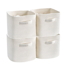 Mangata Set of 4 White Cotton Rope Cube Storage Baskets with Handles, 33x33x30cm, Woven Organisers for Shelves, Bathroom, Bedroom