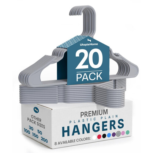 Utopia Home 20 Pack Plastic Hangers Space Saving, Durable Hanger with Shoulder Grooves, Grey