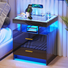 LED Bedside Table with Charging Station & 2 Drawers for Living Room Bedroom
