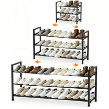 Anhow Extendable Shoe Rack, 3 Tier Adjustable Shoe Storage, 44 to 109 cm, Black Metal Free Standing Shoe Rack, Space Saving for Wardrobe, Closet