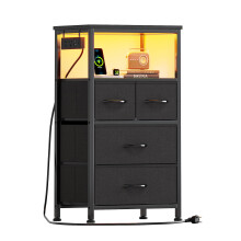 Flrrtenv Bedside Table with Charging Station, 4 Drawers Bedside Cabinet for Bedroom, LED Nightstand with Storage Shelf
