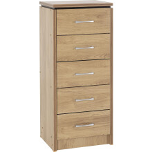 Seconique Charles 5 Drawer Narrow Chest in Oak Effect Veneer