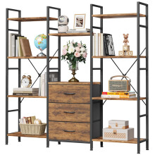 OYRREU 4-Tier Bookcase with Drawers, 120cm Wide Rustic Brown Shelving Unit