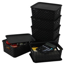 Innouse 6 PCS Small Plastic Woven Storage Basket with Lid for Desktop Black