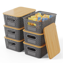 Shrivee Set of 6 Storage Boxes with Bamboo Lid, 5 L Storage Basket, Plastic Basket Storage, Kitchen Storage Boxes for Shelves, Cupboards