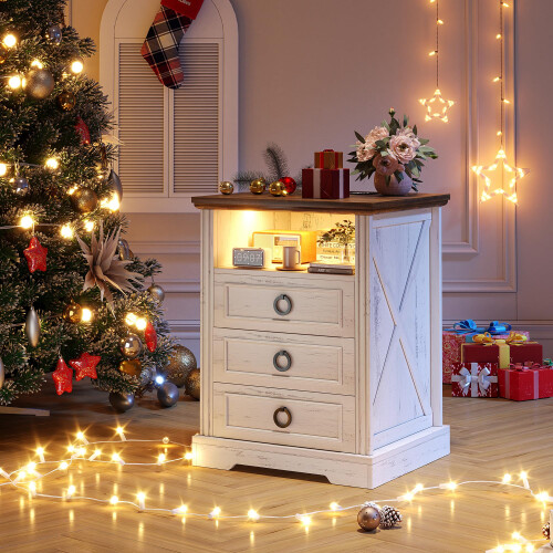 FREDEES LED Bedside Table with Charging Station, White
