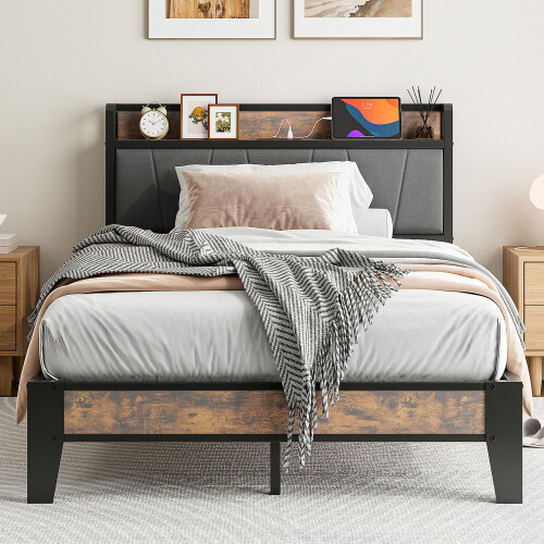 IRONCK Small Double Bed Frame with Storage Shelf Upholstered Headboard, Platform Bed Frame with Charging Station, Metal Bed Frame/UnderBed Storage