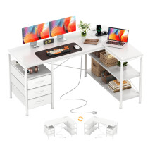 CAIYUN 120cm Corner Desk with Drawers, Reversible L shaped Computer Desk with Power Outlet, Home Office Desk with USB Charging Port, White