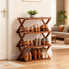 XUDREZ Vertical Shoe Rack Small, 4 Tier Bamboo Foldable Shoe Storage Rack for Narrow Space, Without Installation Shoe Storage Organizer for Corridors