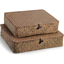 Elsjoy 2 Pack Seagrass Storage Box with Lid, Wicker Storage Baskets Flat Rattan Storage Bins, Woven Organizer Baskets for Shelf, Closet, Bedroom