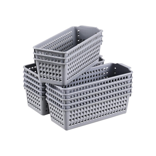 Asking 12-Pack Slim Plastic Storage Basket, Gray Small Desktop Baskets, Narrow Storage Box