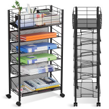 6 Tier Metal Mesh File Trolley with Lockable Wheels, Slim Rolling File Cart Desk Side Organiser