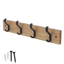 keypak Wall-Mounted Coat Rack â“ 4 Black Hooks on Stylish 38cm Ash Wood