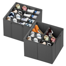 SpaceAid Shoe Organizer for Closet, 2 Pack Foldable Shoe Storage Containers Baskets Boxes Bins w/Adjustable Dividers, Fits 16-32 Pairs, Grey