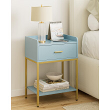 HEYZOEY Bedside Table, 3-tier Modern Bedside Table with Storage Drawer and Shelf, Small Side Table for Bedroom, Living Room, Blue