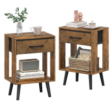 OYRREU Rustic Bedside Table Set of 2 with Drawers & Open Shelf for Bedroom