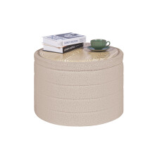 PINPLUS Round Ottoman Storage, Convertible Table, Beige, 56x56x40 cm