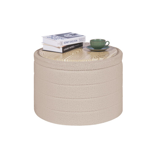 PINPLUS Round Ottoman Storage, Convertible Table, Beige, 56x56x40 cm