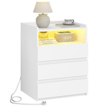 AOGLLATI Bedside Cabinet with LED Lights Bedside Table with Charging Station|3 Drawers and 1 Compartment |2 AC and 2 USB Ports Side Table for Living