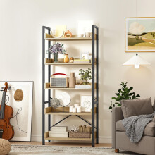 DWVO Bookcase 5 Tiers, Floor Standing Industrial Book Shelf 64cm Wide 160cm High Large Book Case Wooden Shelf and Metal Shelving Unit Display for