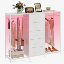 Trironsun 5 Drawer Dresser with Clothes Rack Chest of Drawers with Clothes Rail LED Lights Wardrobe Closet Drawers Charging Station Flexible Shelf