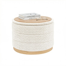 PINPLUS Round Chenille Storage Ottoman, Tray Top, 58x58x44 cm, Cream White