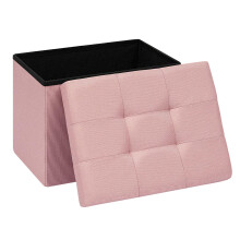 PINPLUS Tufted Linen Storage Ottoman Box, Foldable Footstool, Pink
