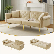 (Beige, Foam) Modern Velvet Sofa Bed – 2-Seater, Durable