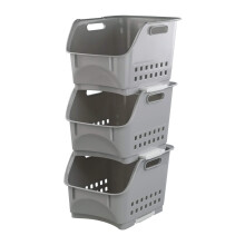Xowine Set of 3 Plastic Stackable Storage Baskets, Gray Stacking Basket
