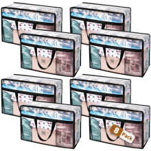 8 Pack Clear Plastic Storage Bags with Zips, 55L Foldable Clothes Storage Boxes Organizer with Reinforced Handle for Bedding, Blankets and Moving