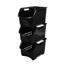 Morcte 3 Tier Stacking Baskets Storage Veg Rack Plastic Stackers, Black