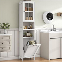 Feonase Tall Bathroom Cabinet with Removable Laundry Basket, Slim Freestanding Storage Organizer with Acrylic Door and 4 Shelves for Bathroom