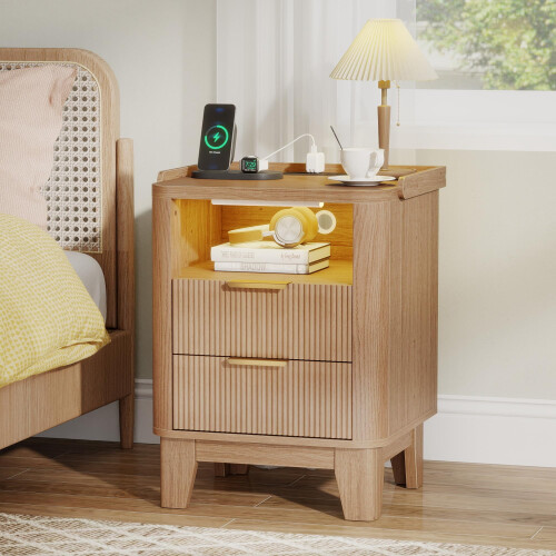 Quikraen 50cm width Bedside Table with Charging Station&Sensor LED Light