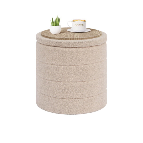 PINPLUS Round Ottoman Storage, Convertible Table, Beige, 43x43x45 cm