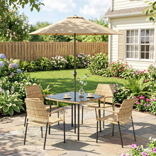 Outsunny Outsunny 4 Seater Rattan Dining Set with Parasol, Light Brown 1