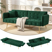 (Green, Foam) 2-Seater Velvet Sofa Bed with Adjustable Backrest & Multi-Position Armrests – Modern Folding Sleeping Sofa for Living Room