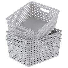 Yuright 4 Pack Plastic Woven Storage Baskets for Desktop Shelf, Light Gray