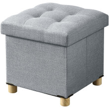 BRIAN & DANY Folding Storage Ottoman with Wood Legs, Linen Foot Stool, Storage Chest with Highly Elastic Sponge Filling, Light Gray, 38 x 38 x 38 cm