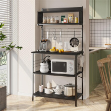 Bestier 80cm Bread Rack & Microwave Rack with 4 Shelves, Multi-functional Coffee Bar Shelf, 8 Side Hooks, Open Shelf Suitable for Kitchens