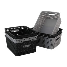 Mayish Plastic Weave Basket with Handle, Black and Grey, 6 Packs