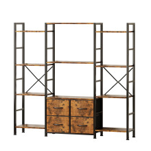 VERMESS 142W x142H cmTriple Book Shelf, 4 Tier Industrial Bookshelf for Home & Office, Large Shelving Unit with 4 Adjustable Fabric Drawers