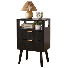 Aibiju Nightstand, Mid Century Modern Bedside Table with 2 Storage Drawers, Open Compartment, Solid Wood Legs, 3-Tier Night Table for Bedrooms