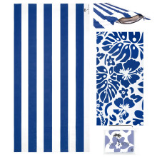 Olly & Rose Luxury Microfibre Large Beach Towel with Zip Pocket and Inflatable Pillow and Reversible Pattern 90 x 160cm Blue