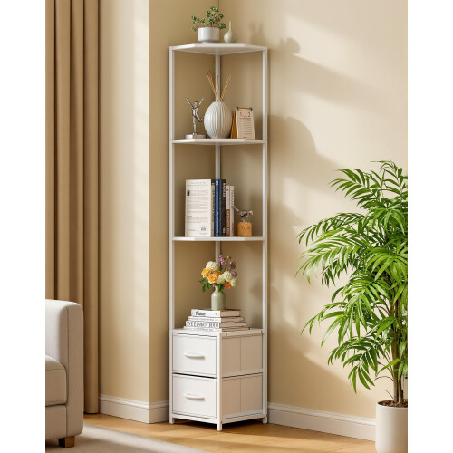 Housolution 6 Tier Corner Shelf Stand with Storage and Fabric Drawers,White