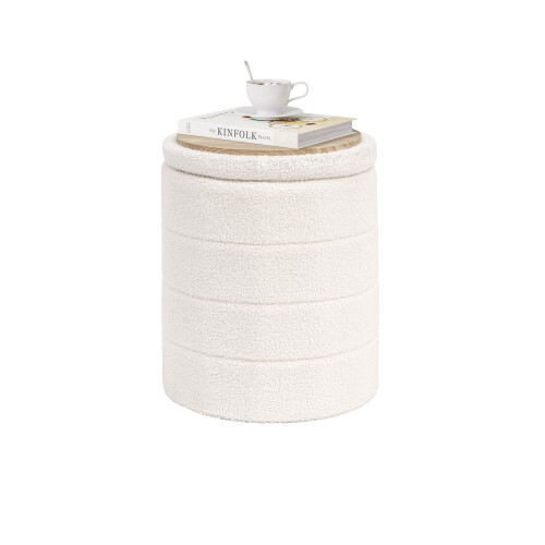 PINPLUS Round Ottoman Storage, Convertible Table, Cream White, 37x37x45 cm